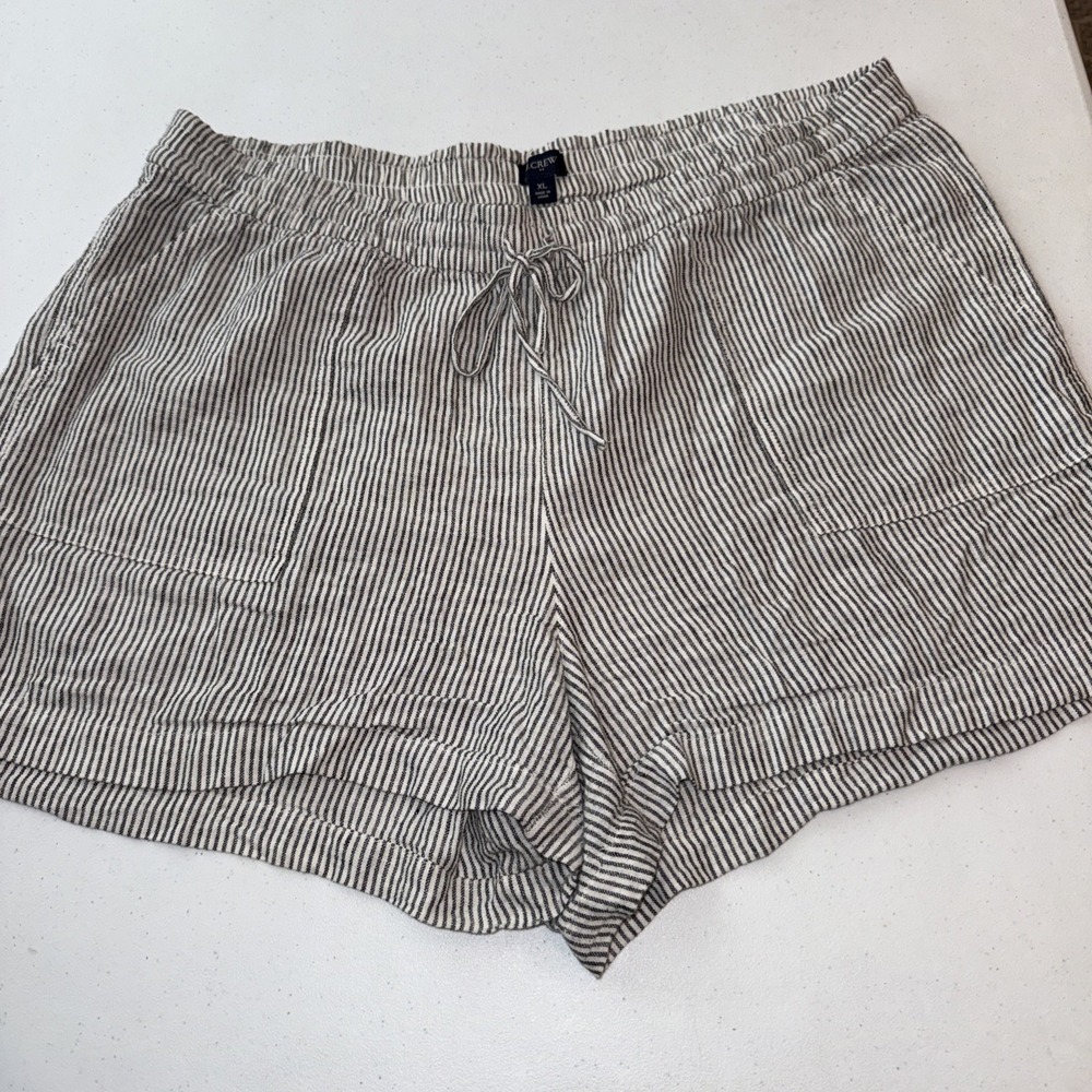 J.Crew Women's Drawstring Linen Shorts Black And White Sz XL 4" Inseam Pockets - Picture 3 of 11